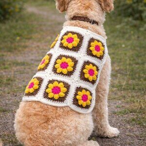 Handmade Crochet Granny Square Dog Vest Floral Boho Pet Sweater Cozy Stylish Med